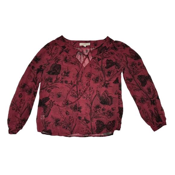 LOFT Maroon Fuchsia Black Butterfly Keyhole Tie Neck Blouse Top Sheer Small - Picture 1 of 5